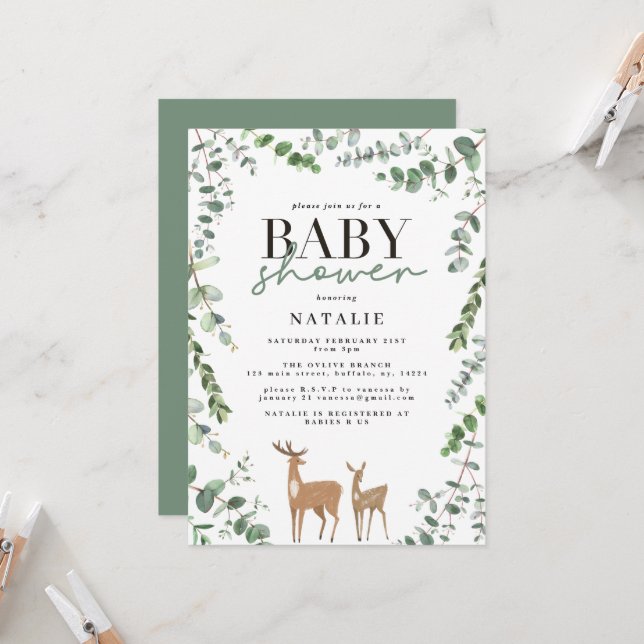 Invitación Woodland deer eucalipto moderna ducha para bebés (Anverso/Reverso In Situ)