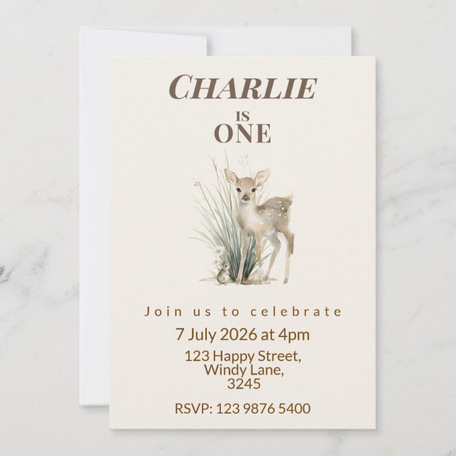 Invitación Woodland Deer First Birthday Invitation (Anverso)