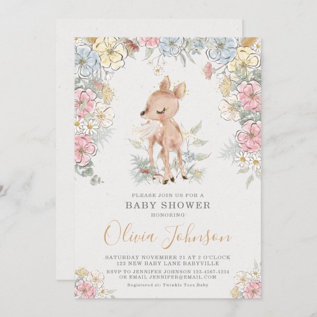 Invitación Woodland Deer Floral Baby Shower (Anverso / Reverso)