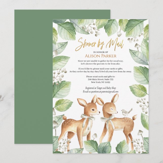 Invitación Woodland Deer Floral Greenery Baby Shower por corr (Anverso / Reverso)