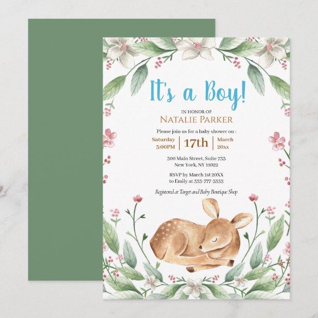 Invitación Woodland Deer Floral Greenery Boy Baby Shower (Anverso / Reverso)
