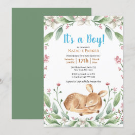 Invitación Woodland Deer Floral Greenery Boy Baby Shower