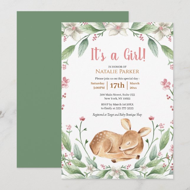 Invitación Woodland Deer Floral Greenery Chica Baby Shower