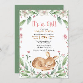 Invitación Woodland Deer Floral Greenery Chica Baby Shower