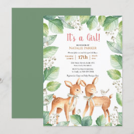Invitación Woodland Deer Floral Greenery Chica Baby Shower