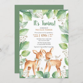Invitación Woodland Deer Floral Greenery Twins Baby Shower