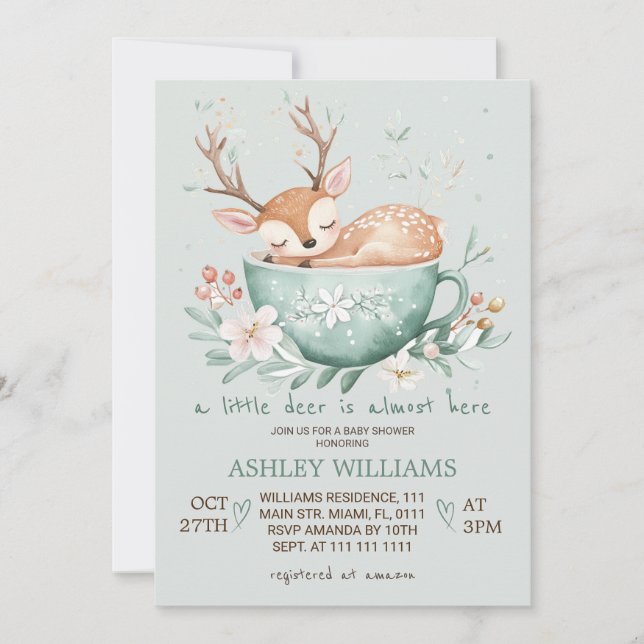 Invitación Woodland Deer Floral Teacup Baby Shower (Anverso)