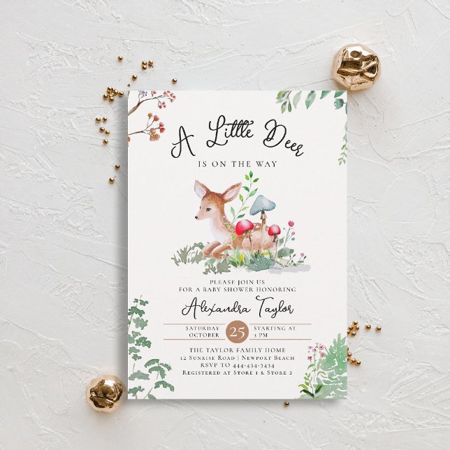 Invitación Woodland Deer Mushrooms Greenery Magic Baby Shower (woodland baby shower invitation enchanted woods forest little deer wildflowers earthy magic)