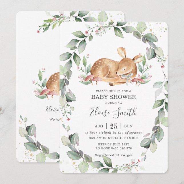 Invitación Woodland Deer Rustic Greenery Leafy Baby Shower (Anverso / Reverso)