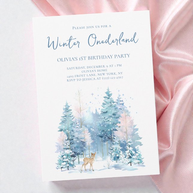 Invitación Woodland Deer Winter Wonderland Primer Fiesta de c (Woodland Deer Winter Wonderland 1st Birthday Party Invitation)
