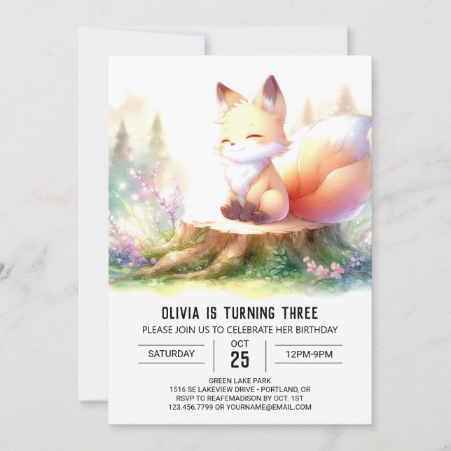 Invitación Woodland Elegant Fox Birthday digital (Anverso)