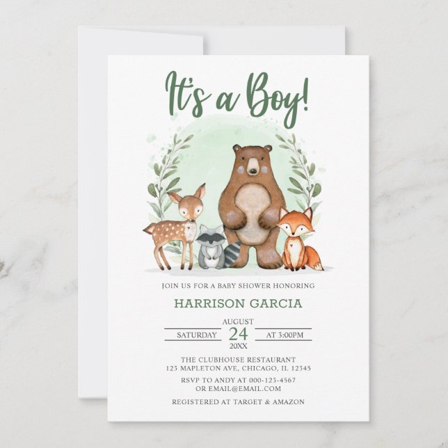 Invitación Woodland Es un niño amigo de la selva de la ducha  (Anverso)