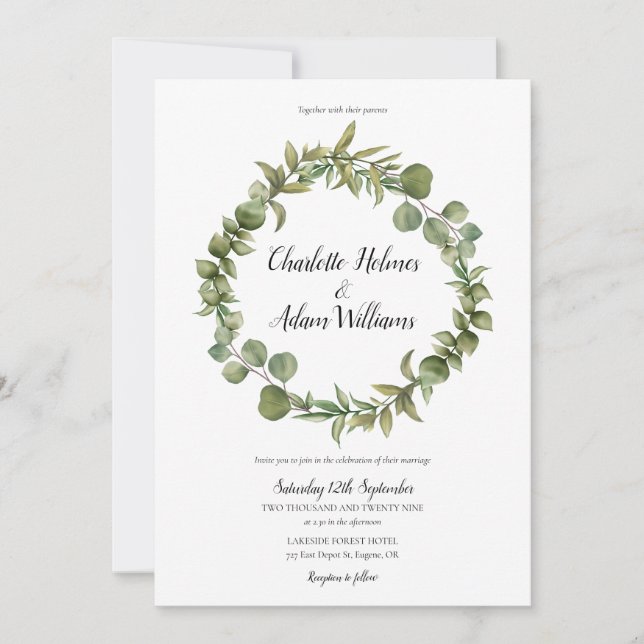 Invitación Woodland Eucalyptus Greenery Boda (Anverso)