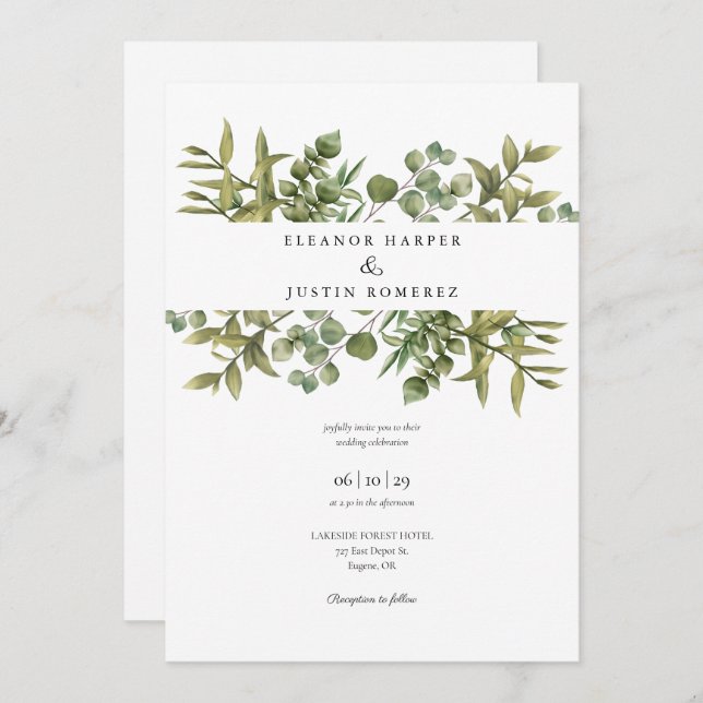 Invitación Woodland Eucalyptus Greenery Boda (Anverso / Reverso)