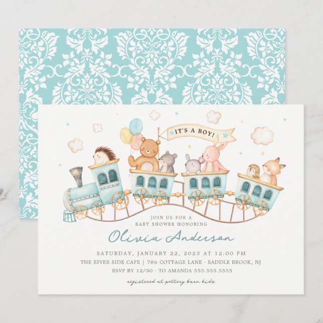 Invitación Woodland Express Baby Shower (Anverso / Reverso)