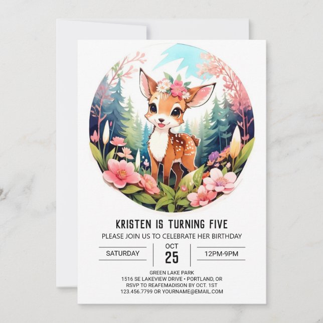 Invitación Woodland Fawn llega al cumpleaños de la Chica Wood (Anverso)
