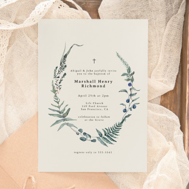 Invitación Woodland Fern Forest Berry Christening Baptism (Subido por el creador)