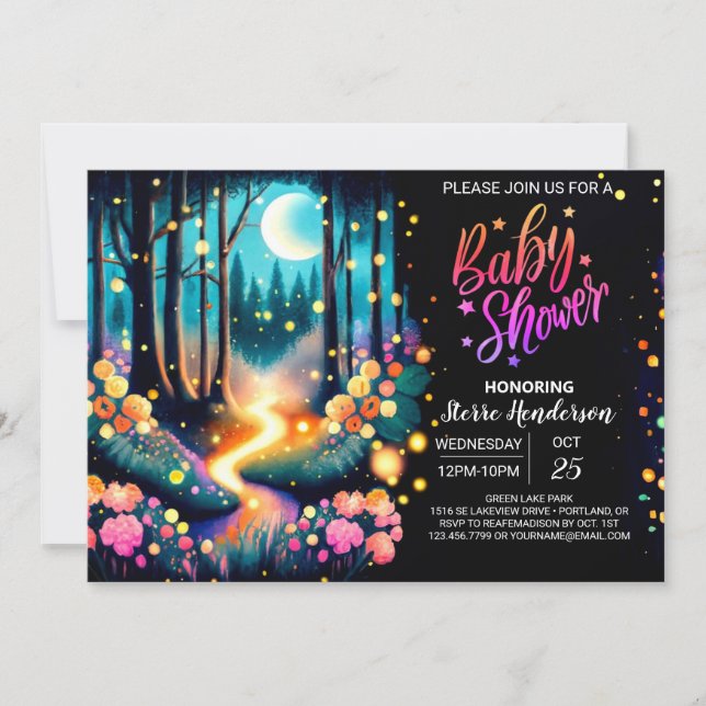 Invitación Woodland Fireflies Baby Shower (Anverso)