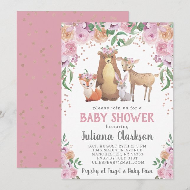 Invitación Woodland Floral Baby Shower (Anverso / Reverso)