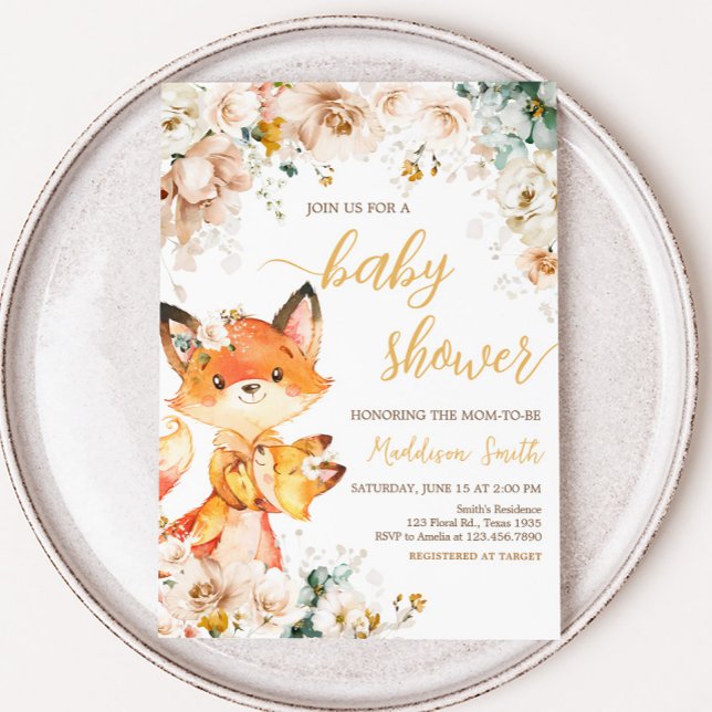 Invitación Woodland Floral Fox Baby Shower (Fox Baby Shower Invitation)