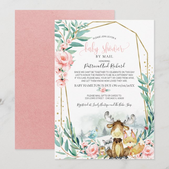 Invitación Woodland Floral Green Baby Shower Por Correo (Anverso / Reverso)
