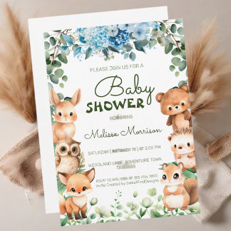 Invitación Woodland Floral Greenery Forest Animal Baby Shower