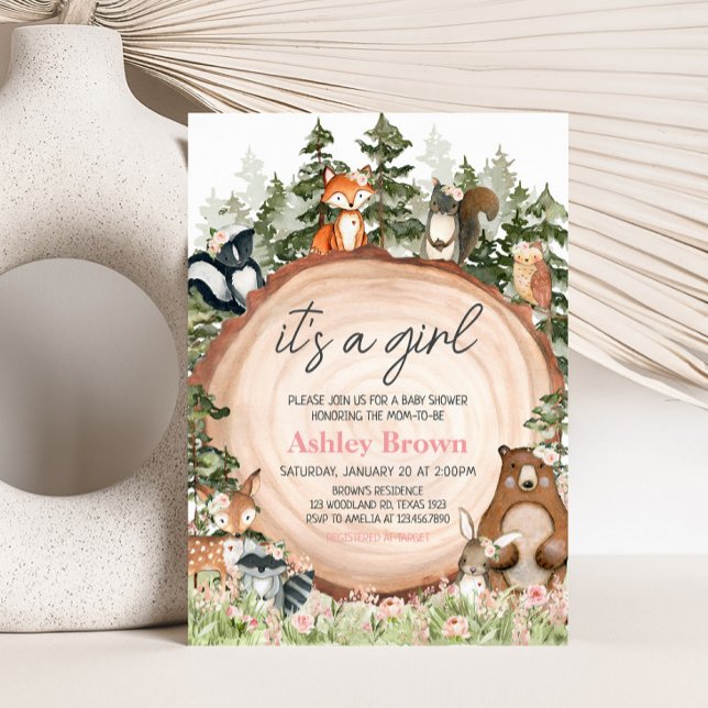 Invitación Woodland Floral Wood Slice Baby Shower (Floral Woodland Animals Baby Shower Invitation)