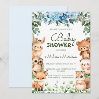 Invitación Woodland Forest Animal Floral Green Baby Shower