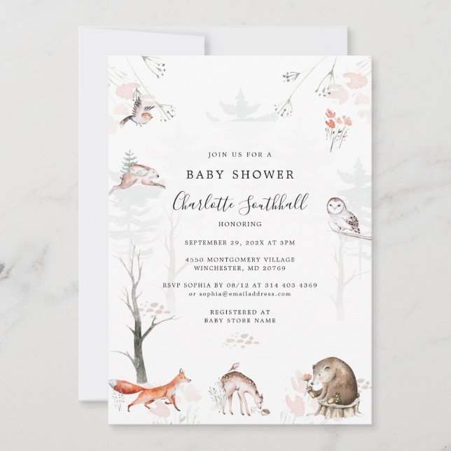 Invitación Woodland Forest Animals Baby Shower (Anverso)