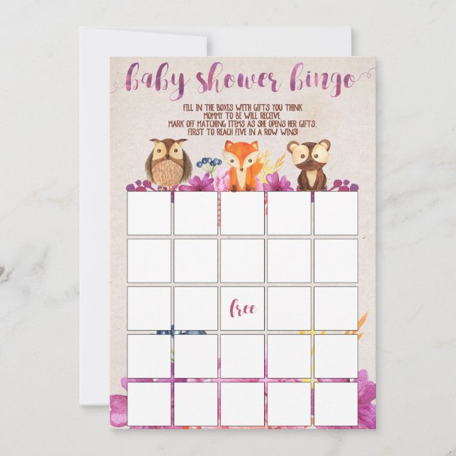 Invitación Woodland Forest Animals Baby Shower Bingo (Anverso)