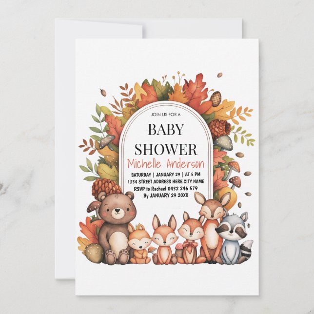 Invitación Woodland Forest Animals Bear Fox Baby Shower (Anverso)