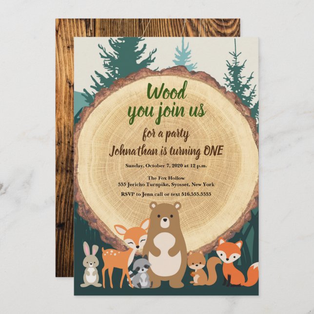 Invitación Woodland Forest Animals cortar madera Primer cumpl (Anverso / Reverso)