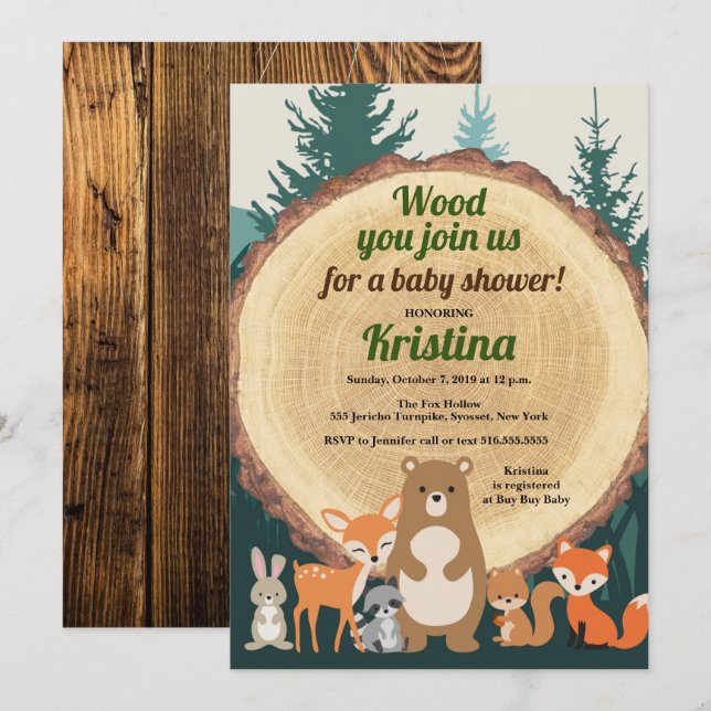 Invitación Woodland Forest Animals Greenery wood Baby Shower (Anverso / Reverso)
