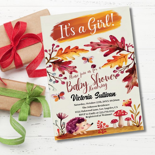 Invitación Woodland Forest Animals Hedgehogs Chica Baby Showe (Subido por el creador)