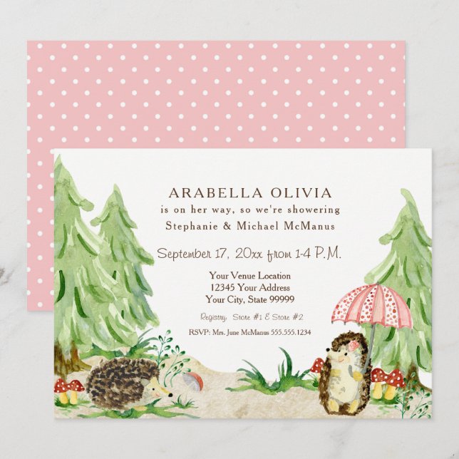 Invitación Woodland Forest Animals Hedgehogs Chica Baby Showe (Anverso / Reverso)