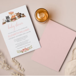 Invitación Woodland Forest Animals Pink Floral Baby Shower