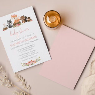Invitación Woodland Forest Animals Pink Floral Baby Shower