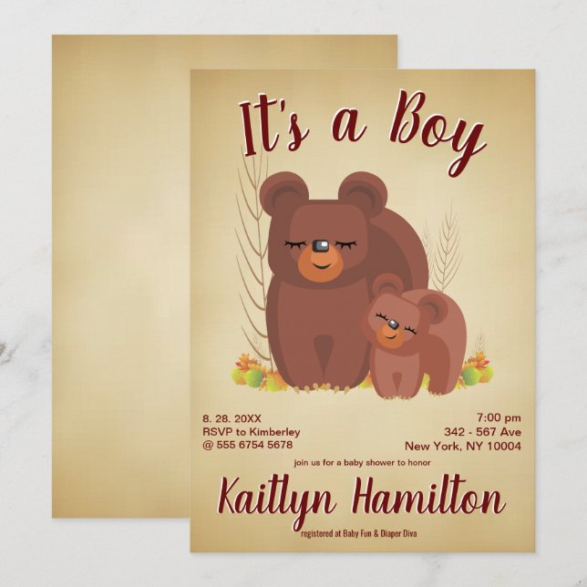 Invitación Woodland Forest Bear Cub Boy Mother Baby Shower (Anverso / Reverso)