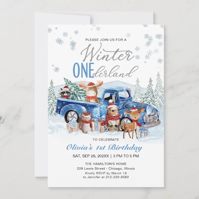 Invitación Woodland Forest Blue Truck ONEderland 1st Birthday (Anverso)