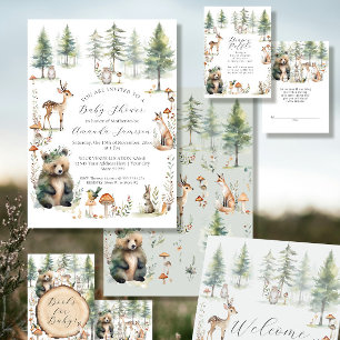 Invitación Woodland Forest Cute Animals Bear Deer Baby Shower