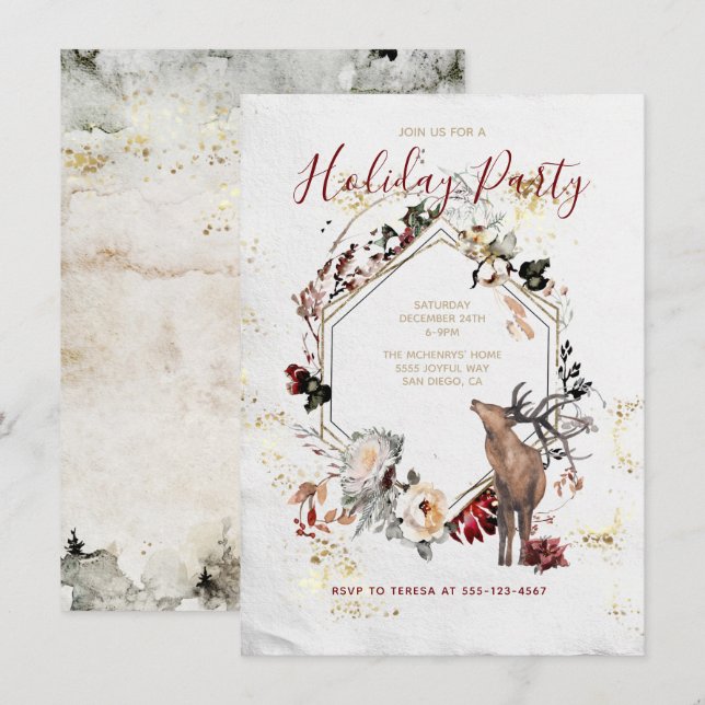Invitación Woodland Forest Deer Floral Holiday Party (Anverso / Reverso)