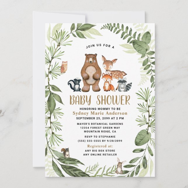 Invitación Woodland Forest Friends Greenery Boho Baby Shower (Anverso)