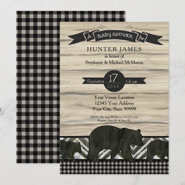 Invitación Woodland Forest Lumberjack Bears Wood Baby Shower (Anverso / Reverso)