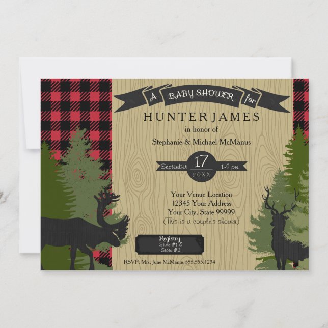 Invitación Woodland Forest Lumberjack Plaid Wood Baby Shower (Anverso)