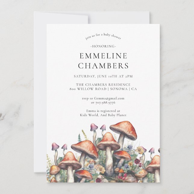 Invitación Woodland Forest Mushrooms Baby Shower (Anverso)