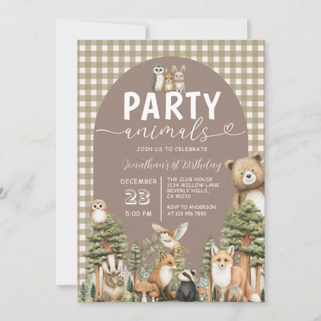 Invitación Woodland Forest Party Animals 1st Birthday Gingham (Anverso)