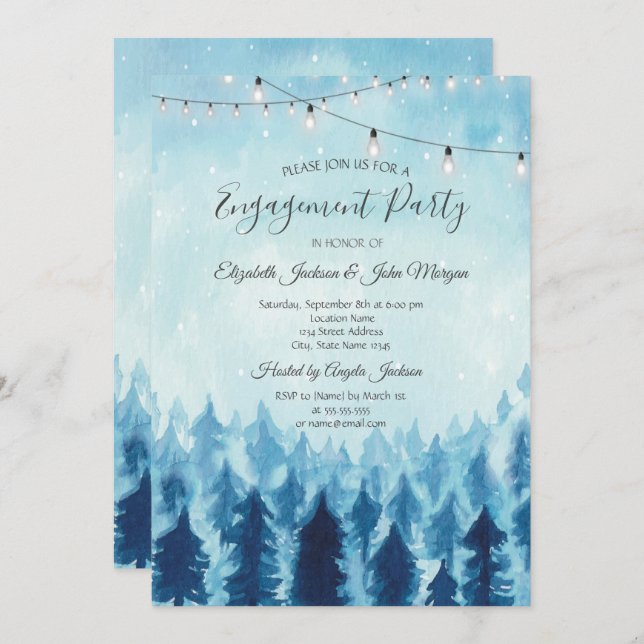 Invitación Woodland,Forest,Pine Trees Blue Engagement (Anverso / Reverso)