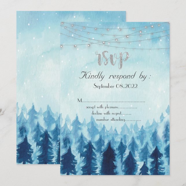 Invitación Woodland,Forest,Pine Trees Blue RSVP (Anverso / Reverso)