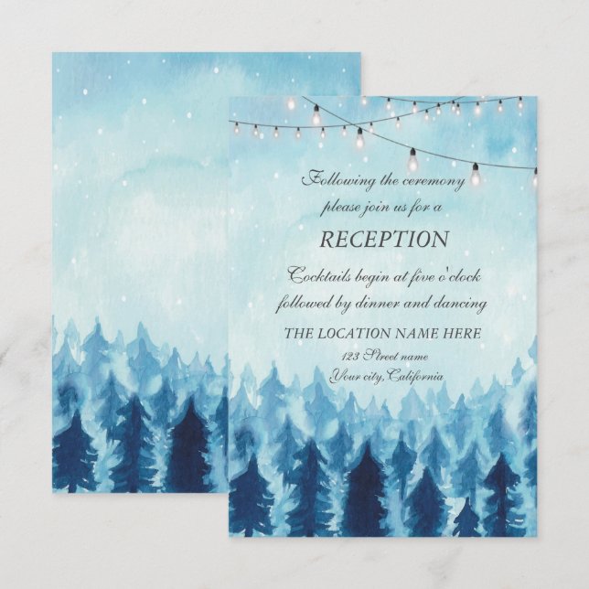 Invitación Woodland, Forest, Pine Trees Blue Wedding Receptio (Anverso / Reverso)