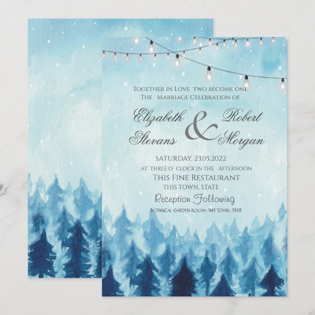 Invitación Woodland, Forest,Pine Trees Boda Azul (Anverso / Reverso)